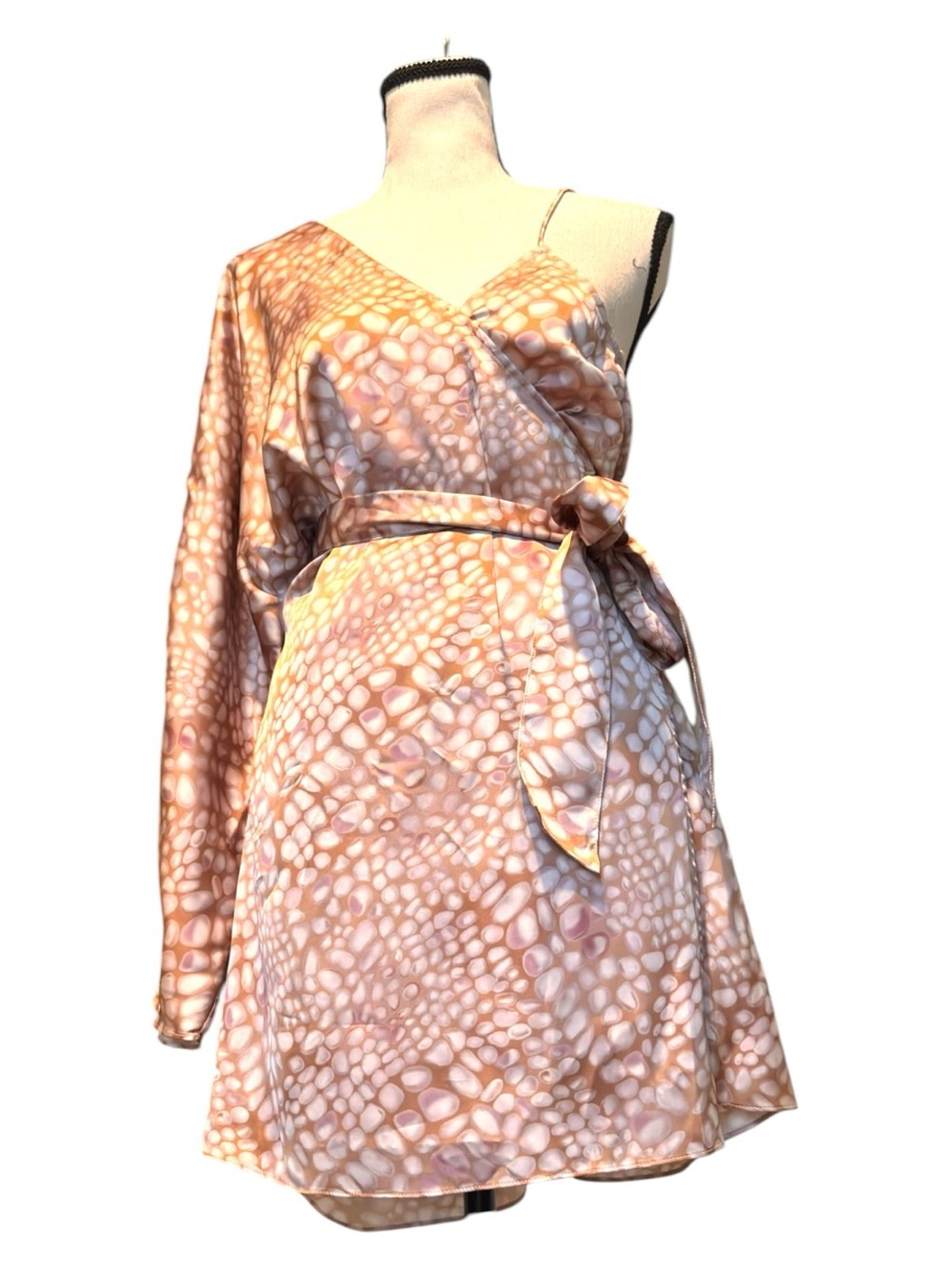 L’Academie Alice Mini Dress Multi Scale Satin One Shoulder Wrap Small NWT - Picture 2 of 8